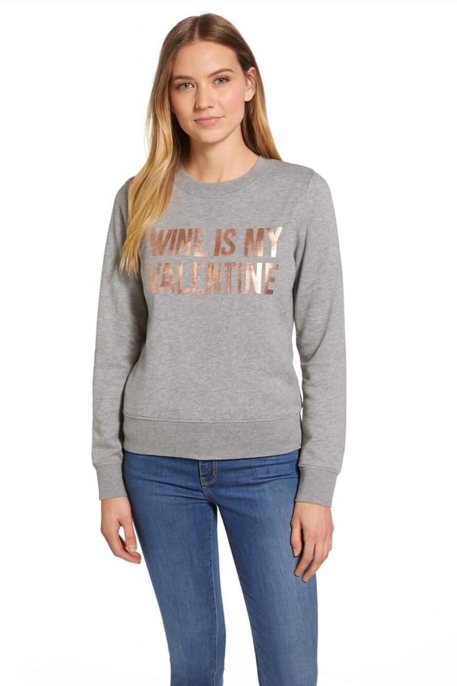 Halogen Women’s Gray Wine Is My Valentine Graphic Sweatshirt Size S NWT